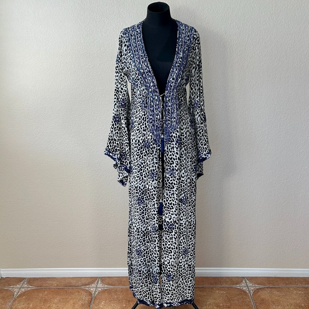 TAJ by Sabrina Crippa M 100% Silk Leopard Print Kimono Sequin Embroidery Maxi